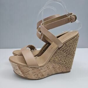 NEW Stuart Weitzman 5050 Wedge Womens 9 Tan Leather Raffia Cork Platform Heel